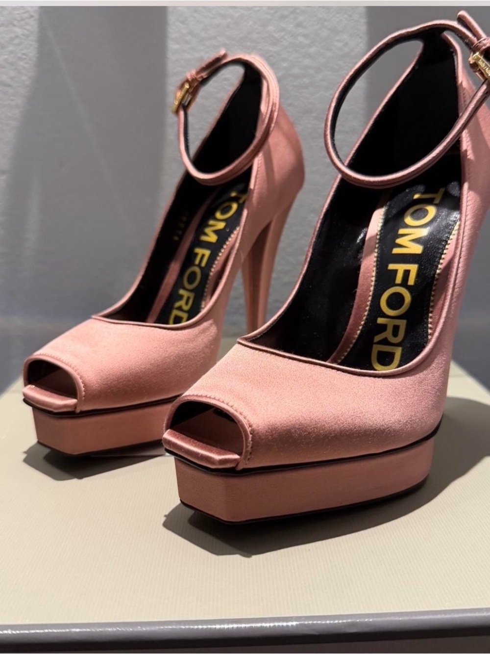 Tom Ford Blush Pink Satin Peep-Toe Platform Heels with Ankle Strap